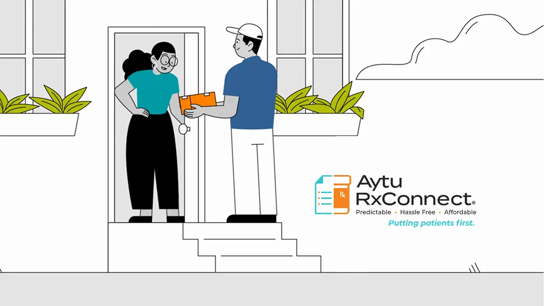Illustration of man handing a package to a woman.